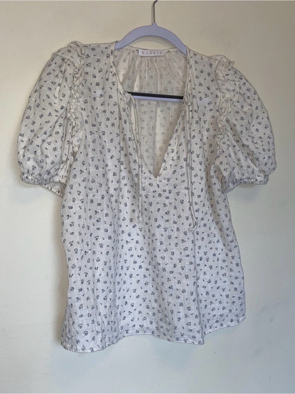 Karlie Floral Boho 100% Cotton Blouse Sz S Ruffle Babydoll Peasant Prairie Tie